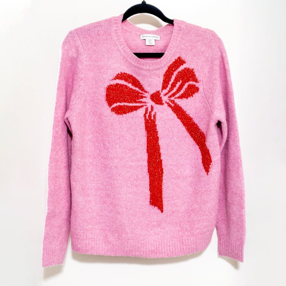 Cupcakes and Cashmere Pink Bow Sweater Size Medium Soft Pullover Crew Neck NWOT